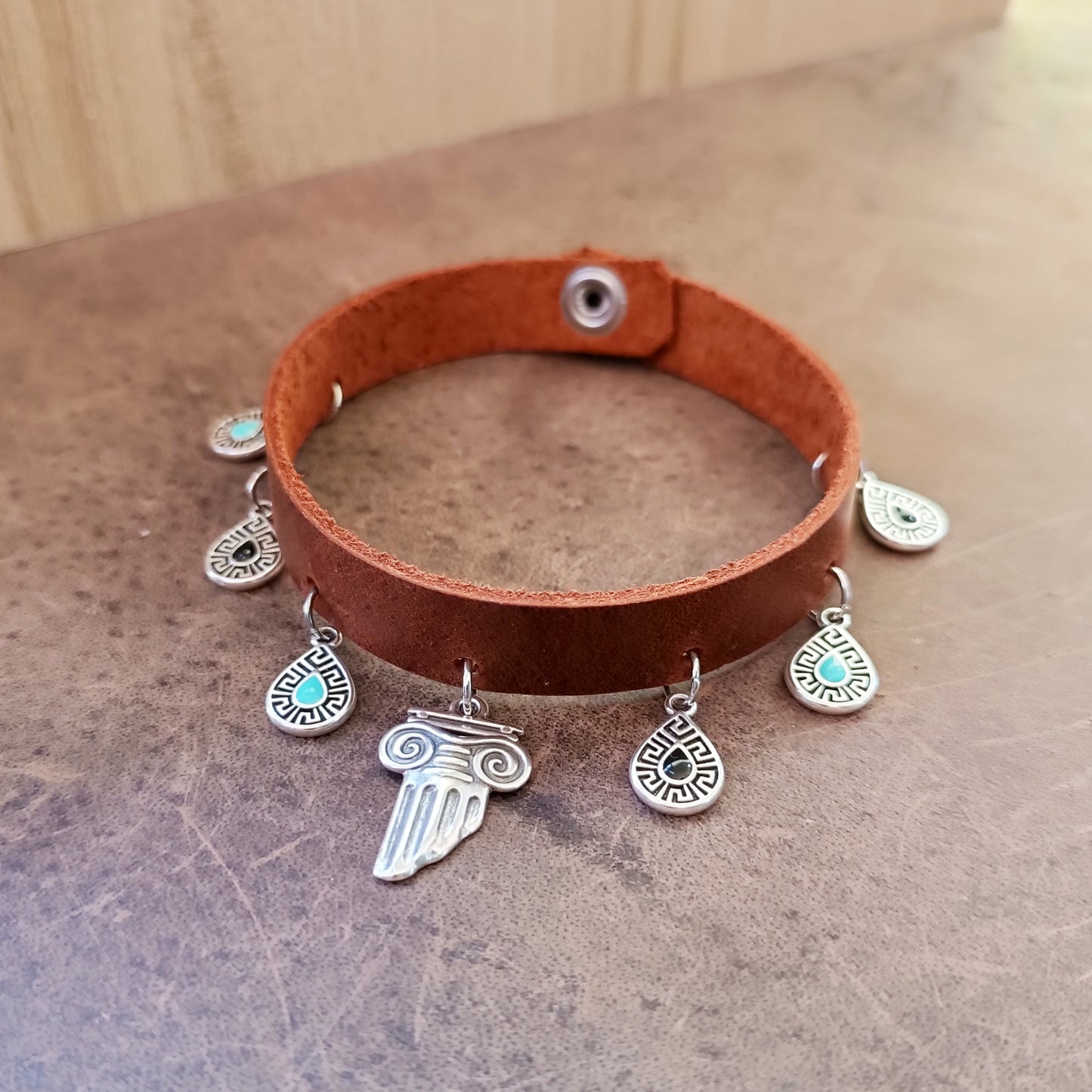 Aegean Breeze Leather Anklet - Greek Tear Drops & Sacred Column