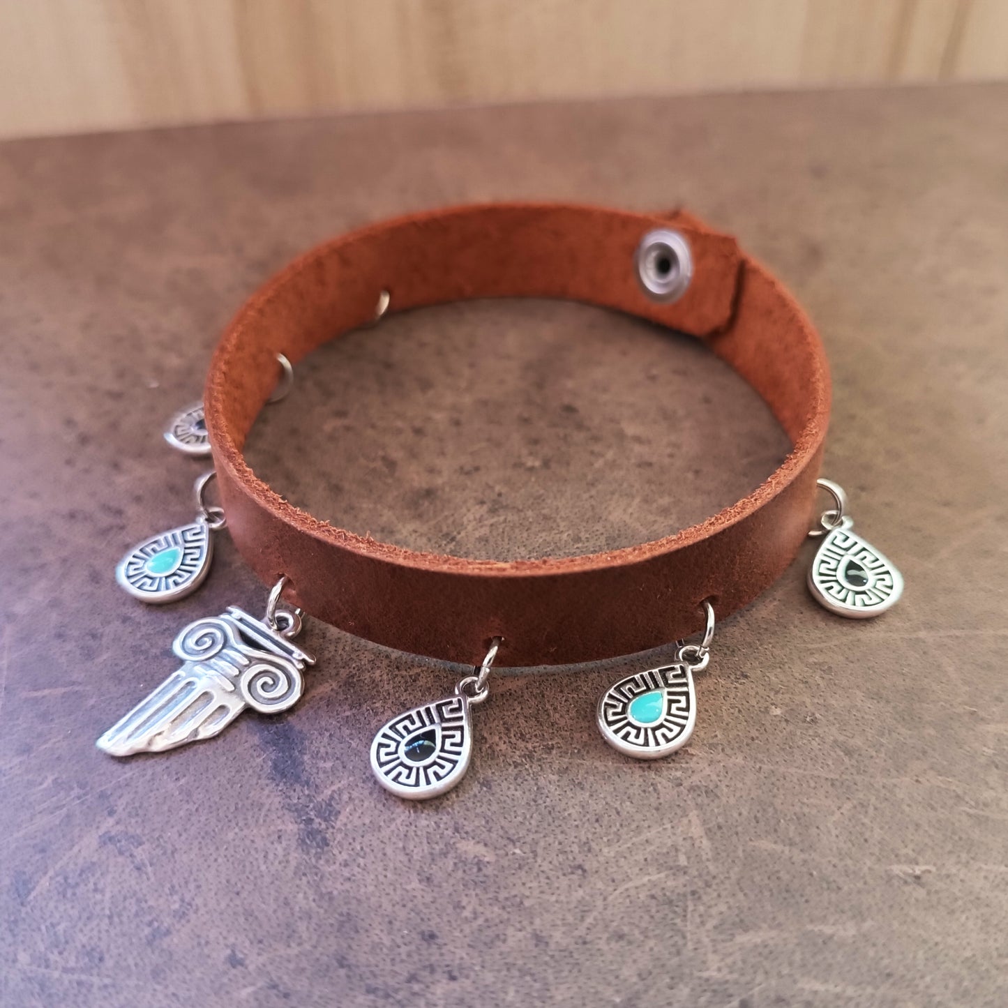 Aegean Breeze Leather Anklet - Greek Tear Drops & Sacred Column