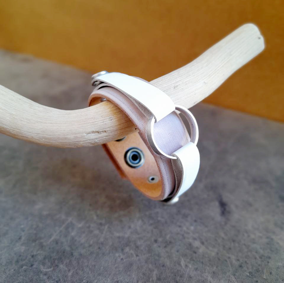 Leather Ring Holder Bracelet in hand dyed distressed white and silver clasps (variation)
