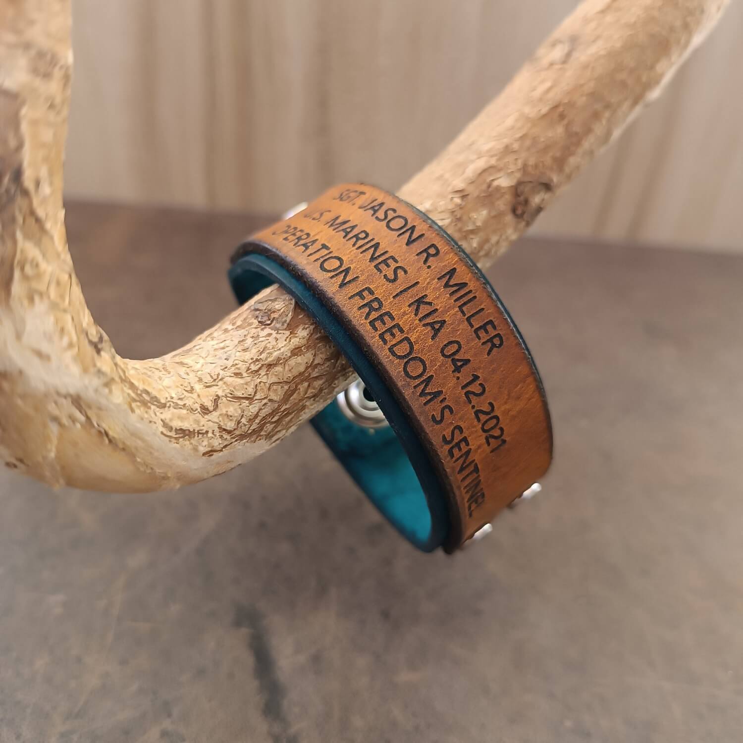 Personalized Military Memorial Bracelet in Blue Leather, Legacy Width