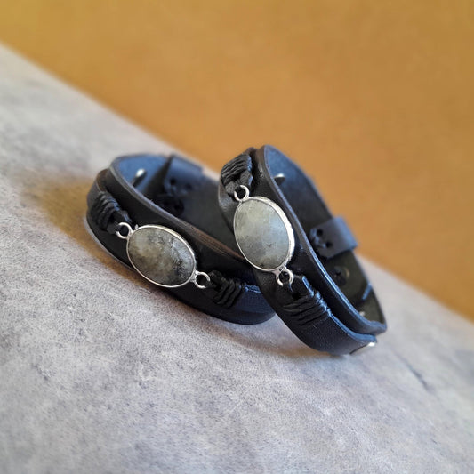 Detailed close-up of the gray Labradorite pendant on the Mystic Labradorite Wrap bracelet, showcasing its unique iridescent flash of colors.