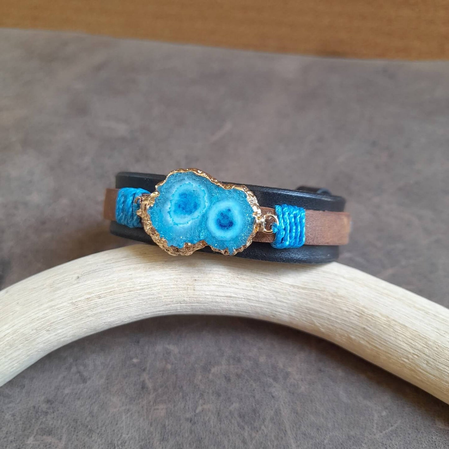 Detailed close-up of the gold-soldered Natural Druzy Chrysocolla stone on the bracelet, highlighting its vibrant blue-green hues, swirling patterns, and druzy texture.