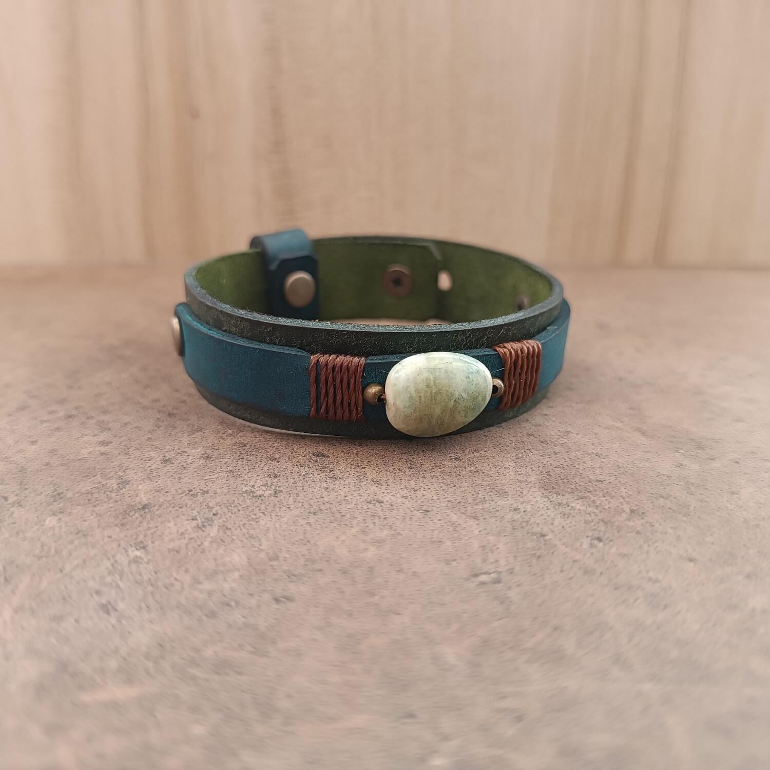 Moss green and petrol blue leather bracelet with Bowenite stone centerpiece