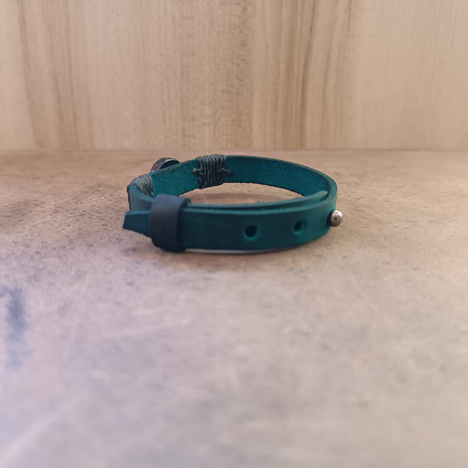 Rear closure view of unisex adjustable leather gemstone bracelet