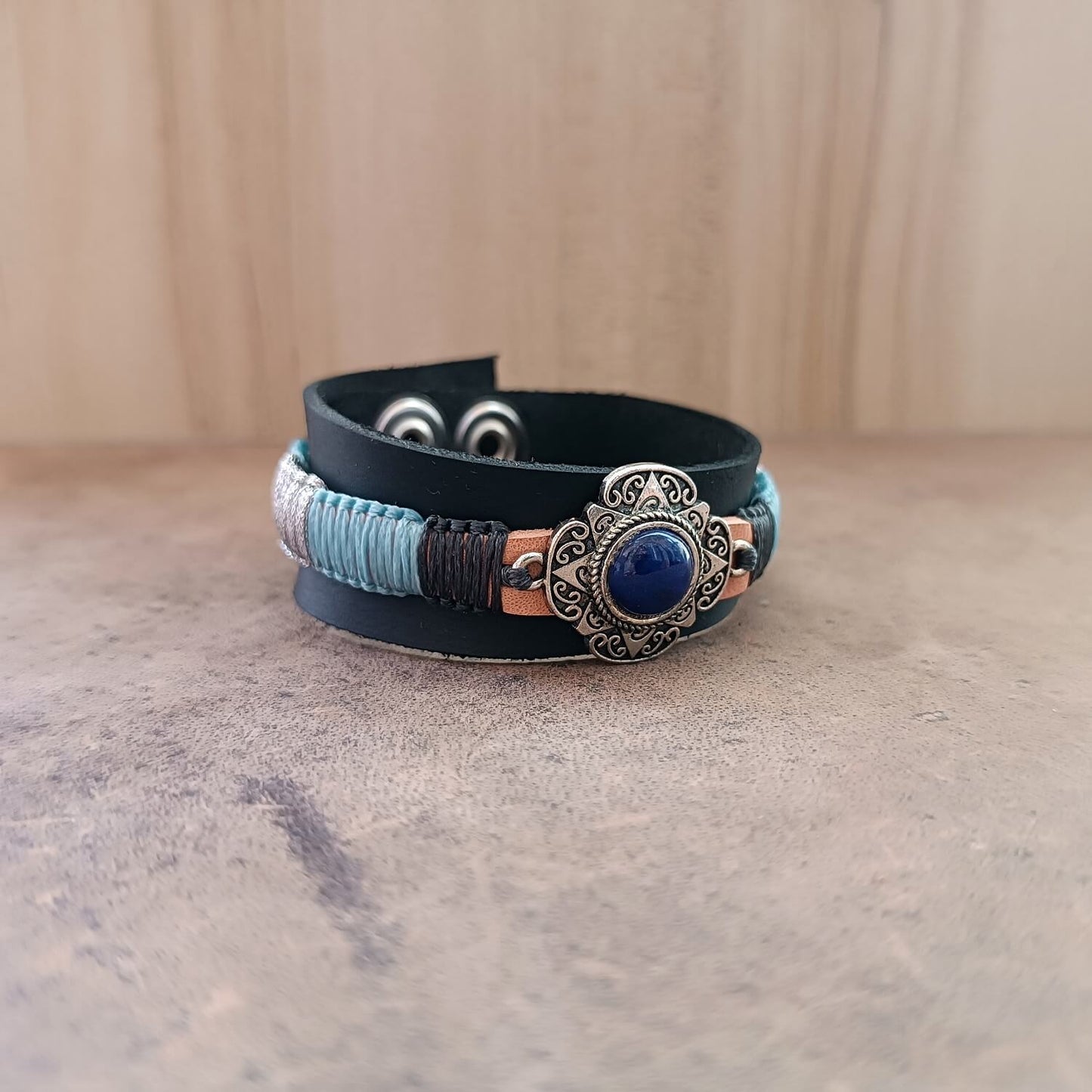 Layered Black Crazy Horse and Vachetta Leather Cuff Side View