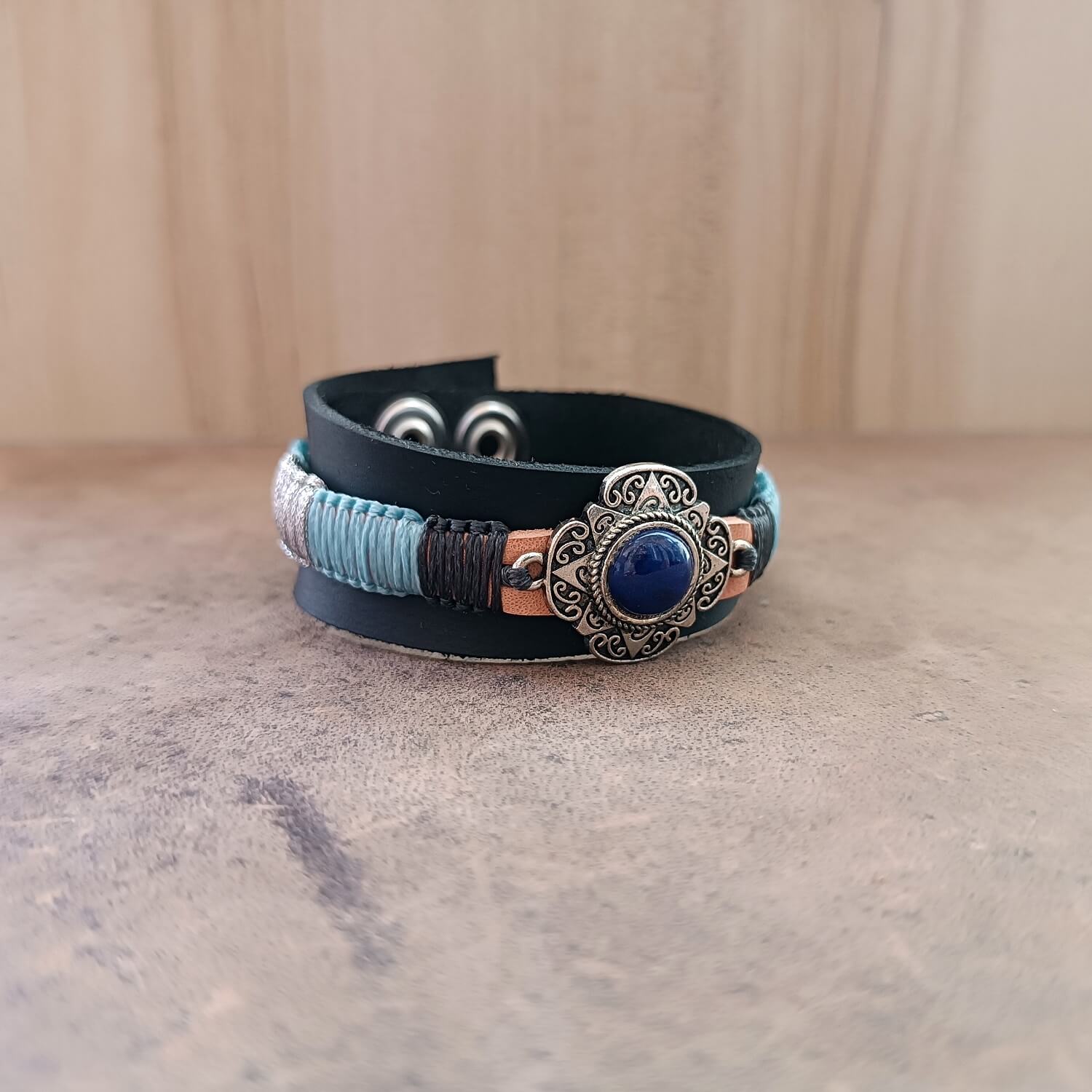 Layered Black Crazy Horse and Vachetta Leather Cuff Side View