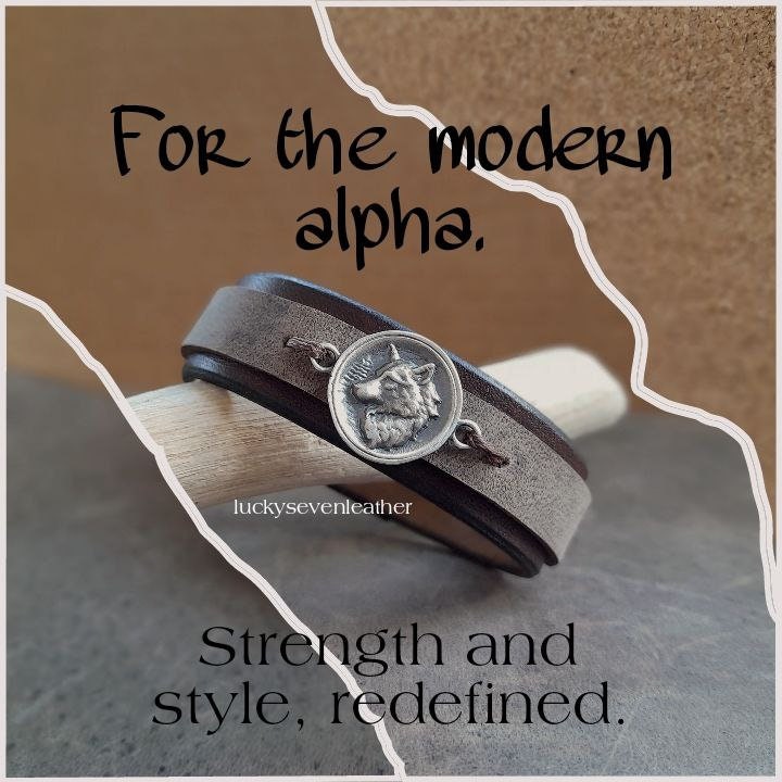 The Arctic Wolf Leather Bracelet as an inspiring poster: A layered chestnut brown and charcoal full-grain leather cuff featuring a prominent antique silver 925 white wolf pendant.