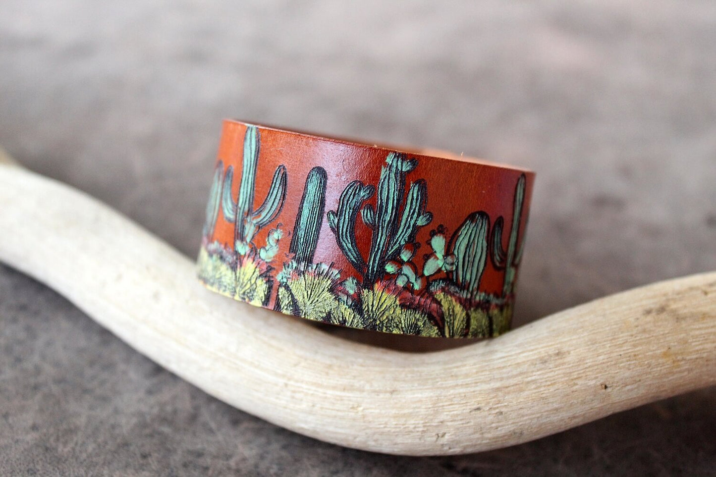 side view close up of the hand painted cacti design