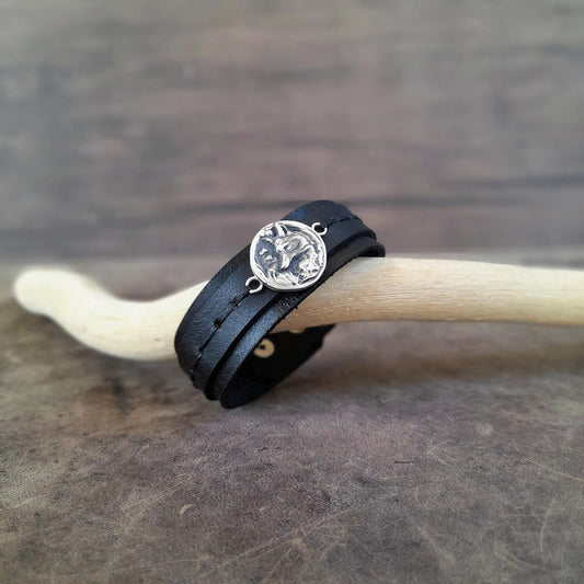 The Forest Fox Leather Bracelet: A layered black full-grain leather cuff featuring a detailed handmade Silver 925 Forest Fox Charm.