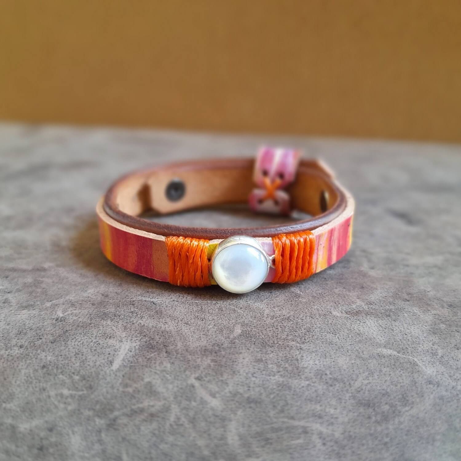 Detailed close-up of the natural Moonstone pendant on the 90's Pop Bracelet, highlighting its iridescence and sterling silver setting.