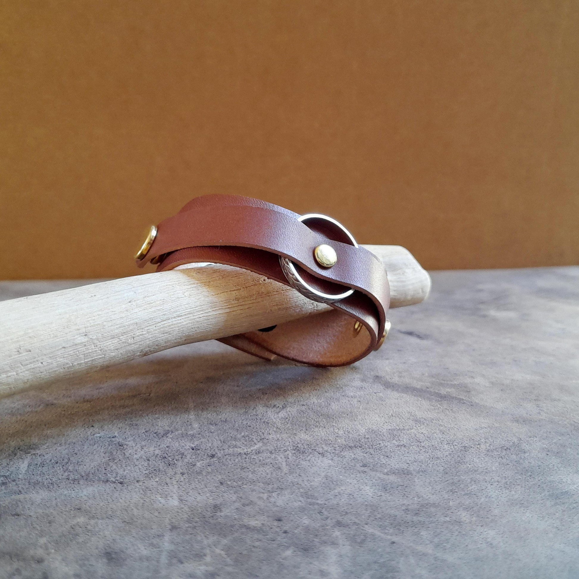 Vachetta Leather Ring Holder Bracelet in brown  with gold snap buttons (variation)