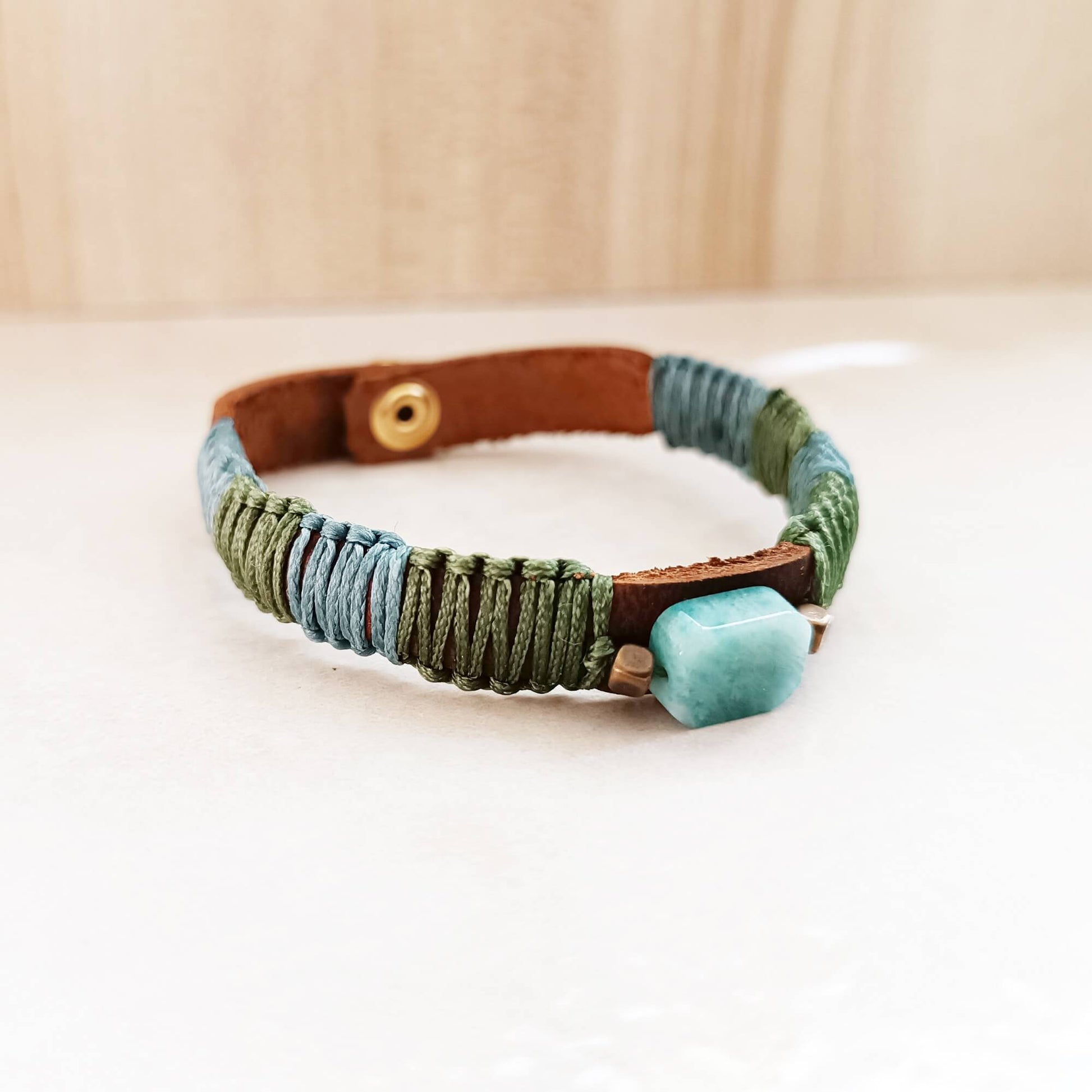 dark brown leather bracelet with macrame and amazonite