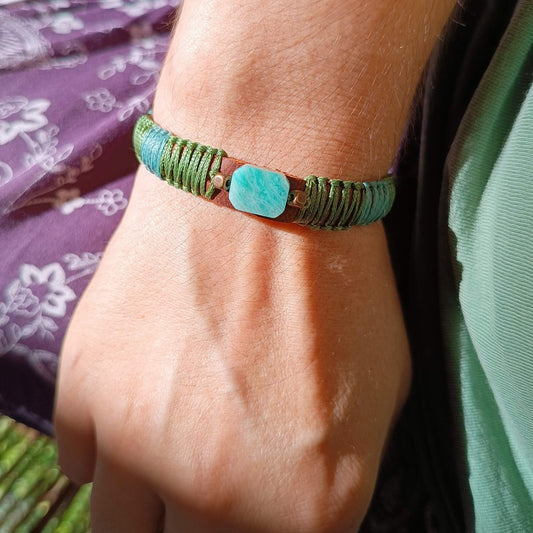 amazonite dark brown leather bracelet worn on wrist