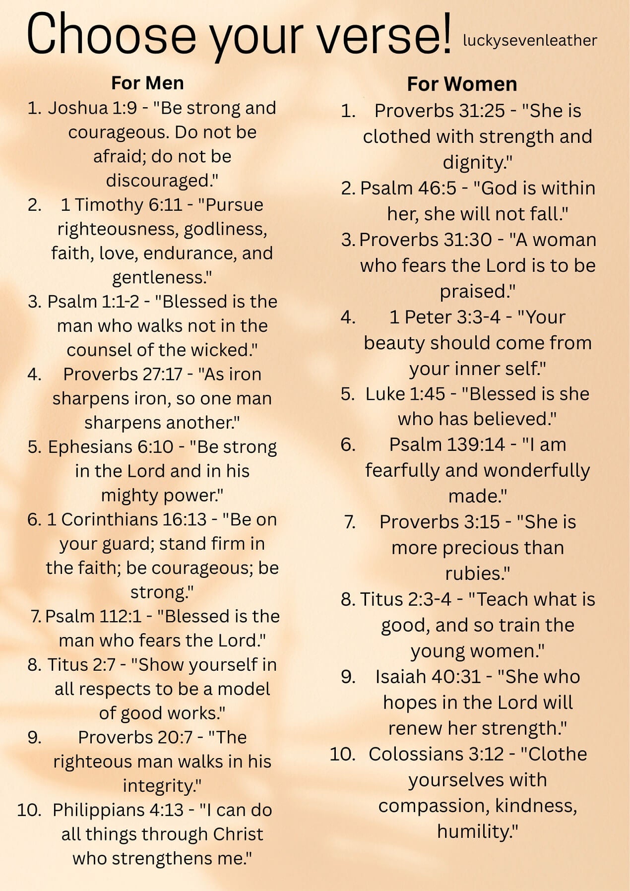 List of verses for men and women on a light brown background