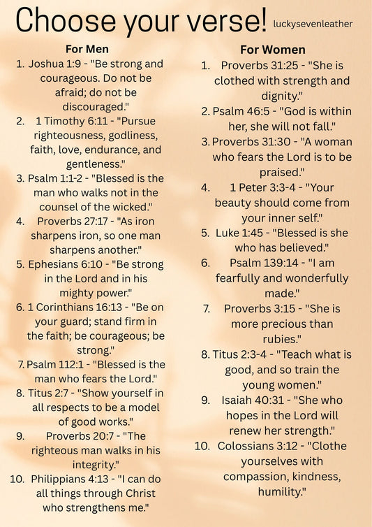 List of verses for men and women on a light brown background