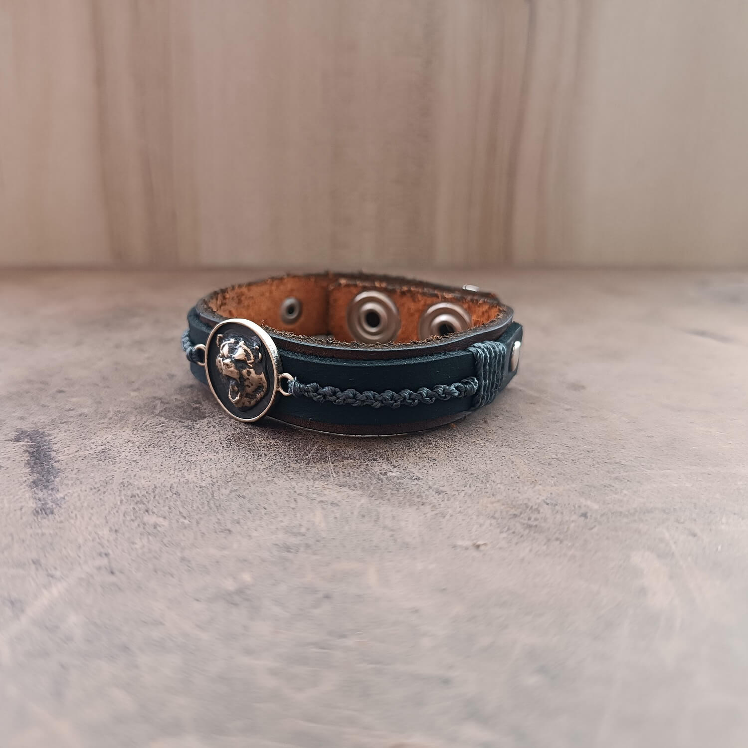black bear leather bracelet side view