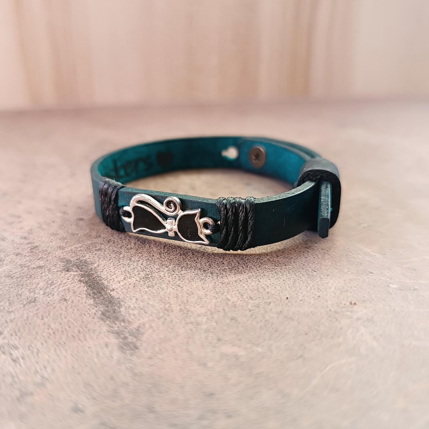 blue leather bracelet with black cat charm main photo