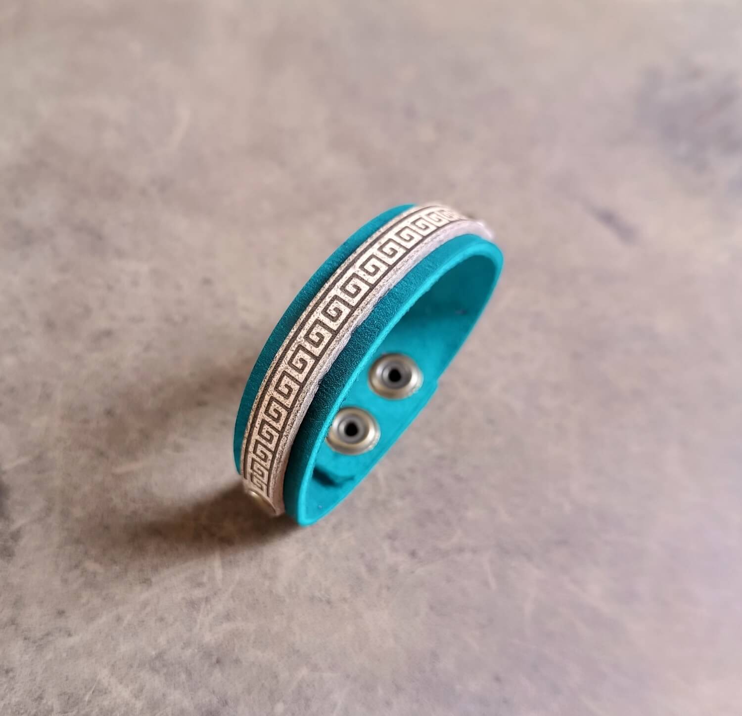 blue meander leather bracelet side view