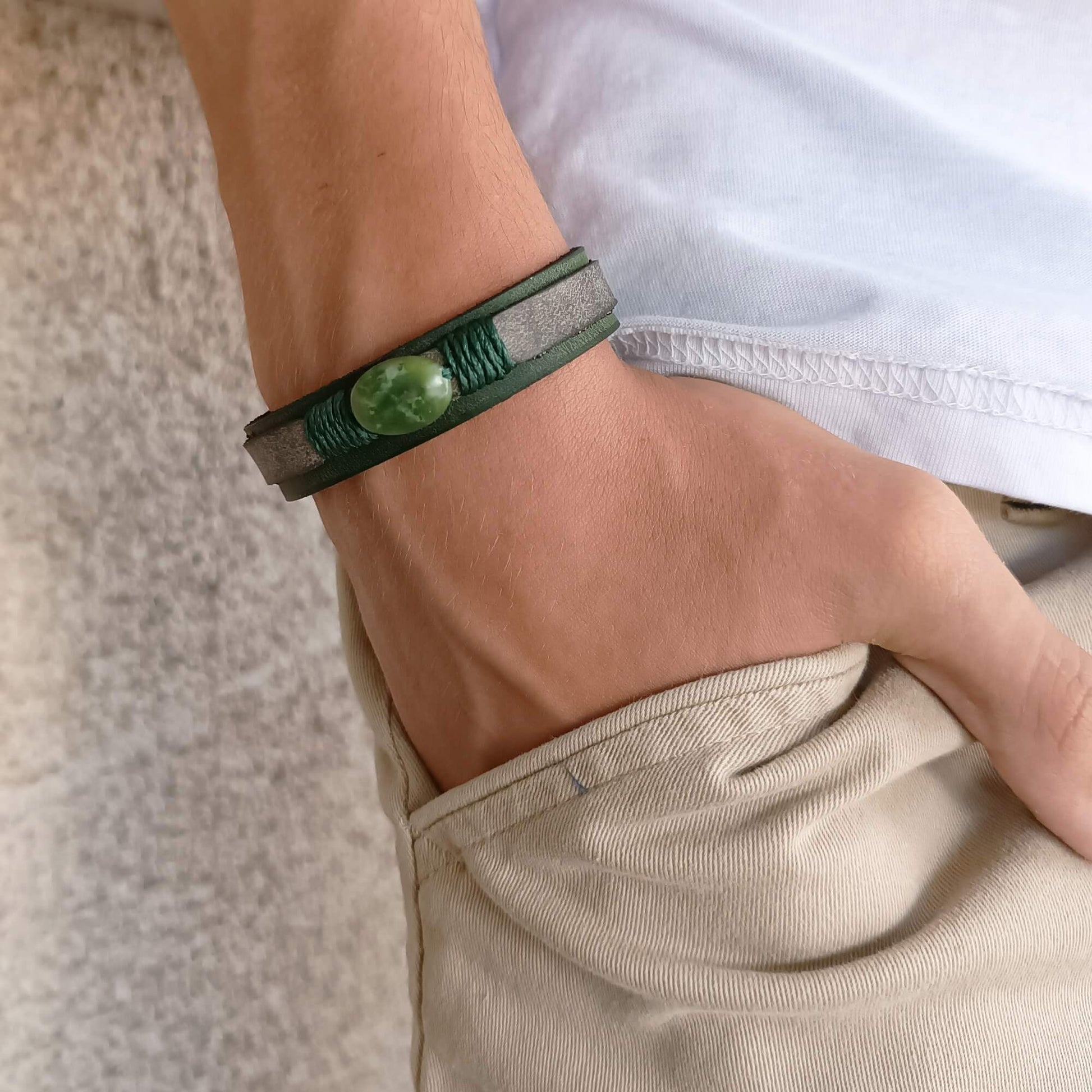 canada jade leather bracelet worn on wrist