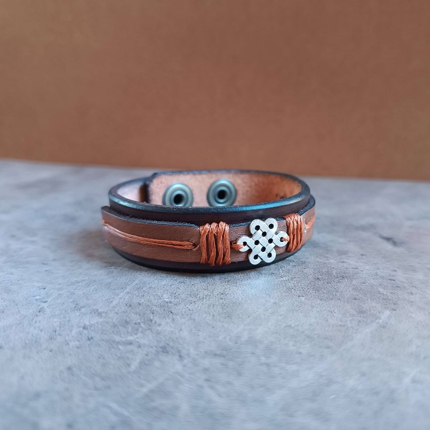 Celtic Shield Knot Leather Bracelet for Men in layered design, side view