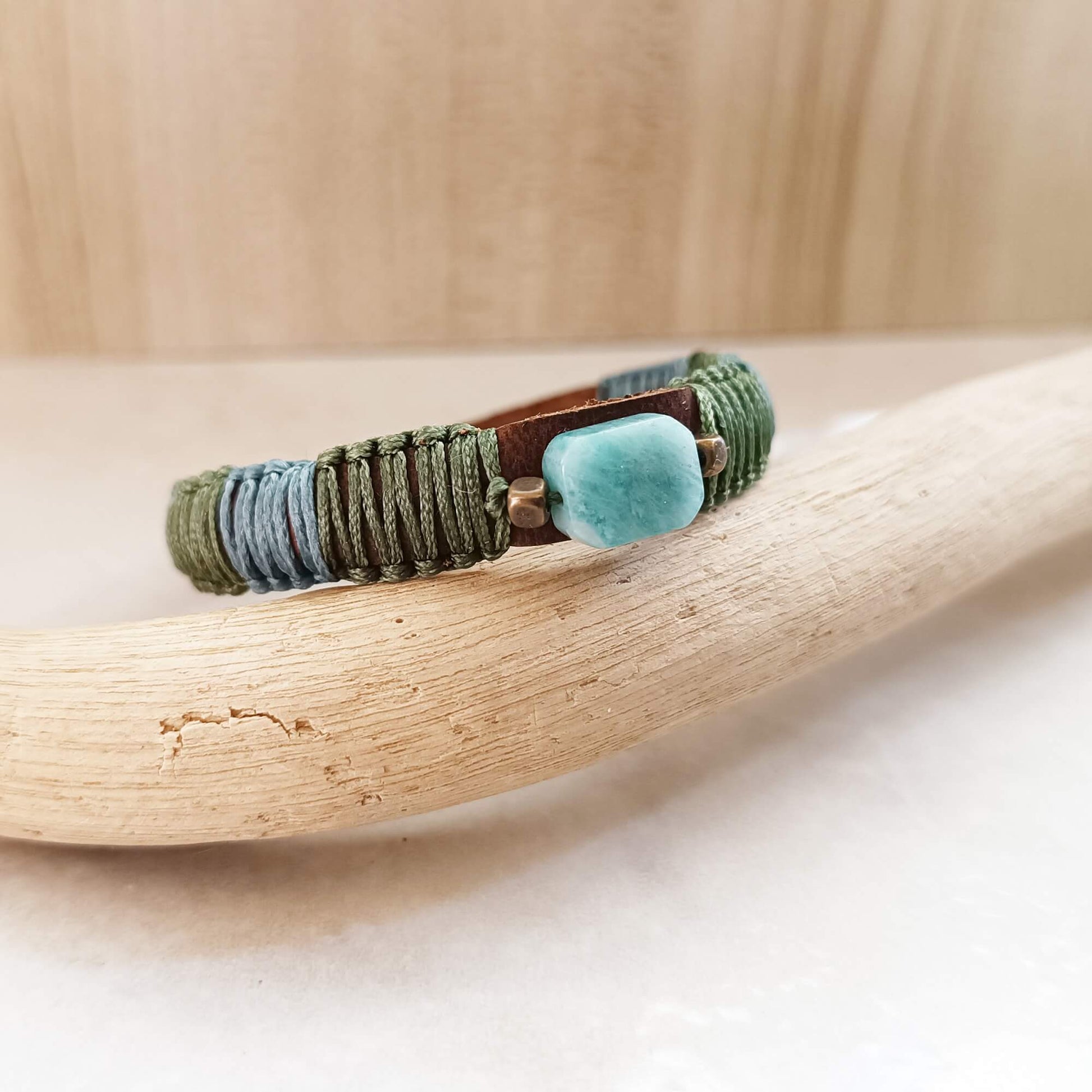 amazonite bracelet on driftwood