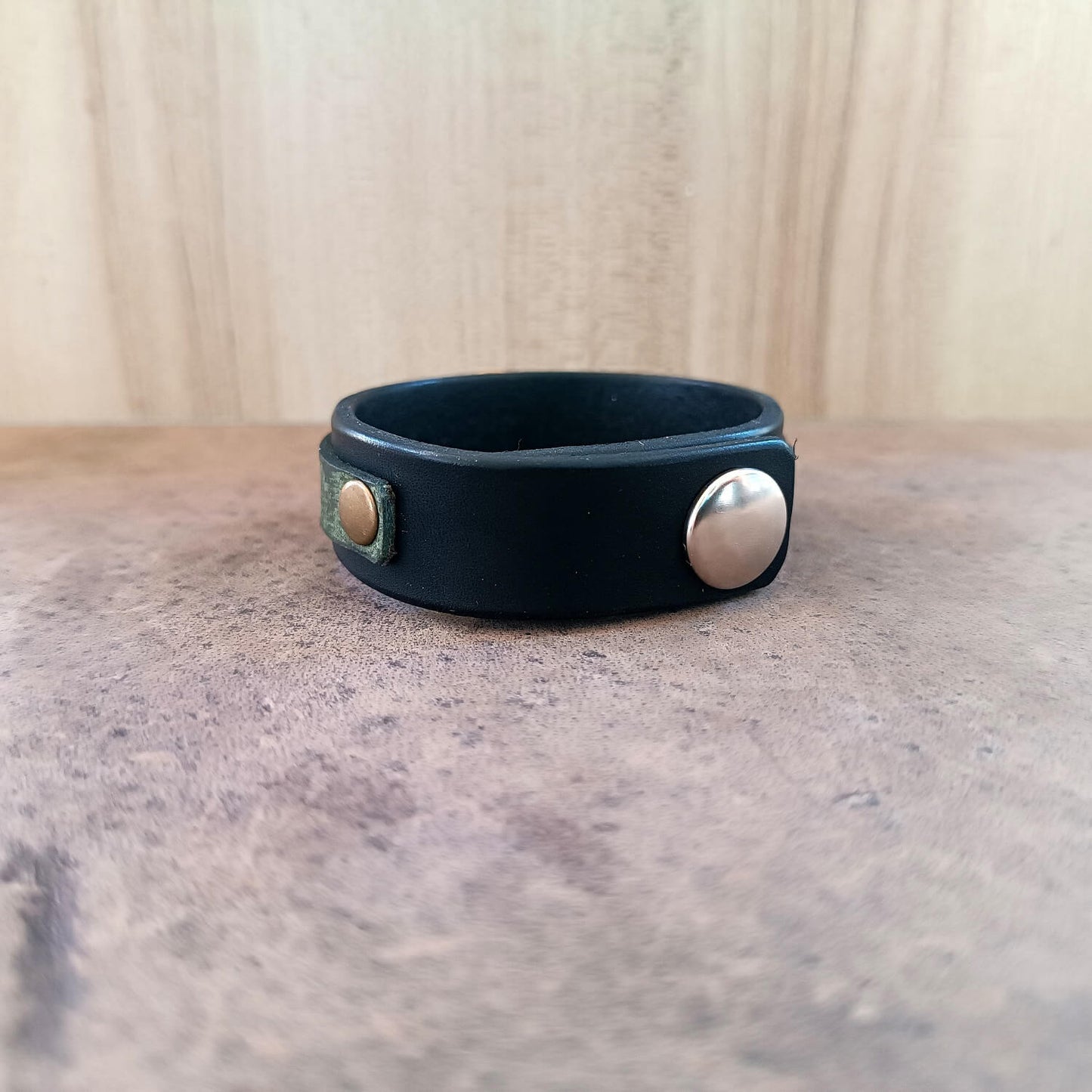 Black Green Layered Leather cuff Bracelet with Delphic Epsilon Pendant backview