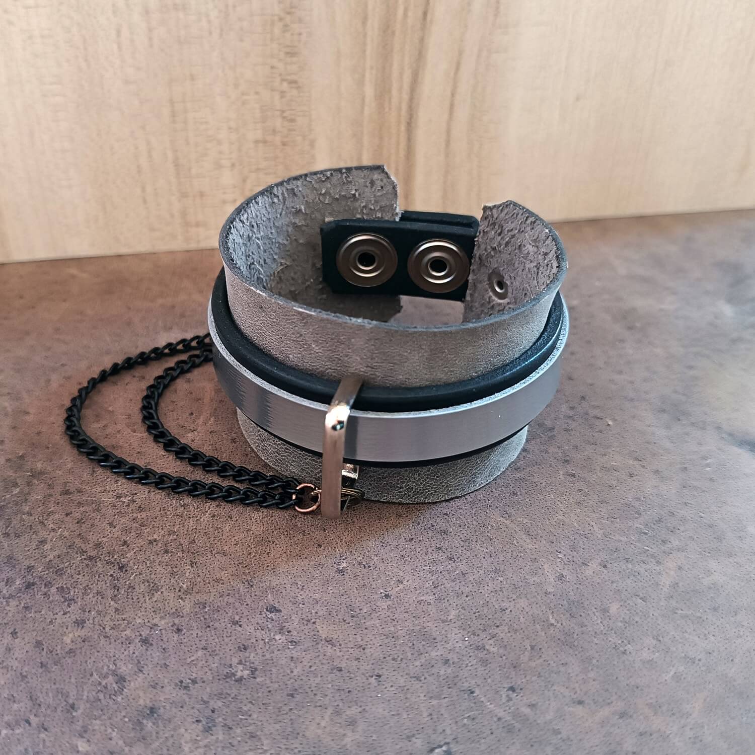 Edgy Leather Cuff with 3 layers and chain top view