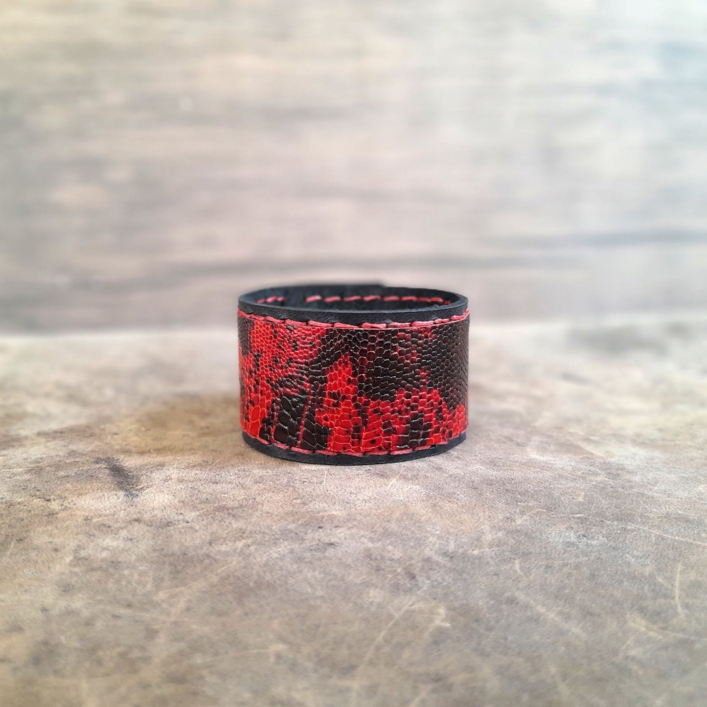 Bold Extra Wide Snake Print Leather Cuff | 4cm Red & Black Statement Bracelet