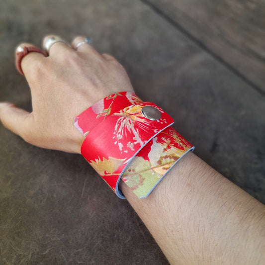 Extra Wide Irregular Japanese Floral Red Leather Cuff