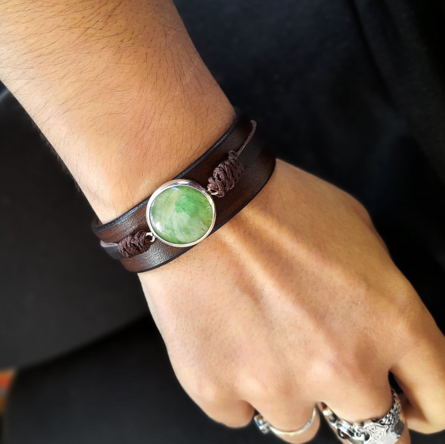 Grand bracelet en aventurine verte naturelle, argent 925