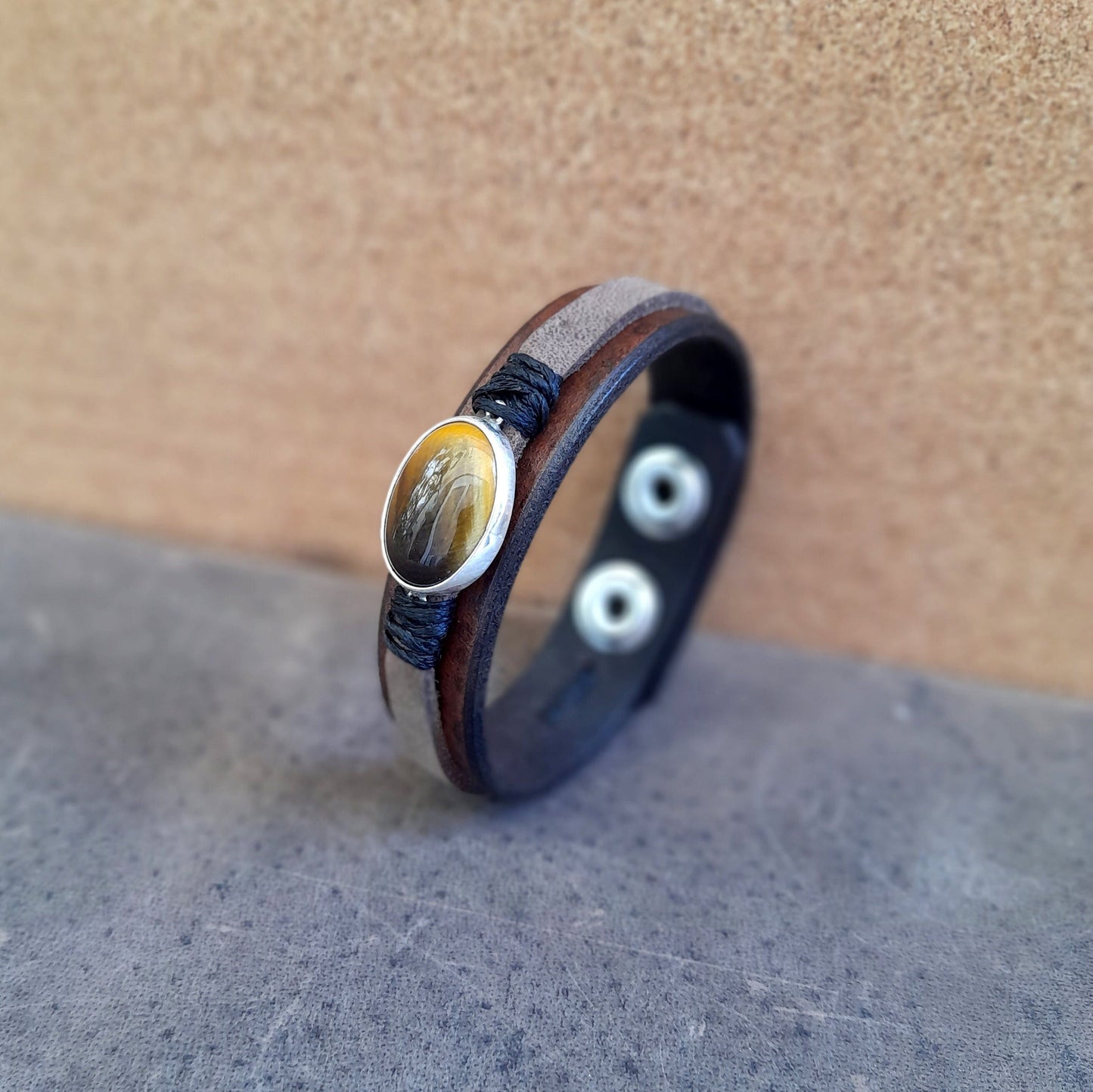 Bracelet œil de tigre naturel, argent sterling