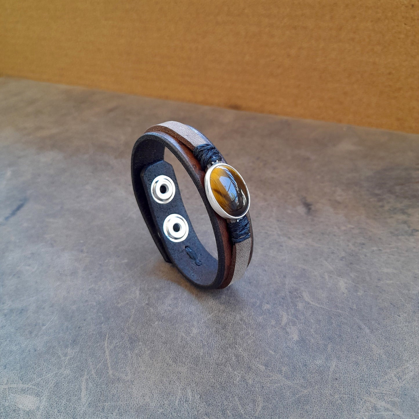 Bracelet œil de tigre naturel, argent sterling