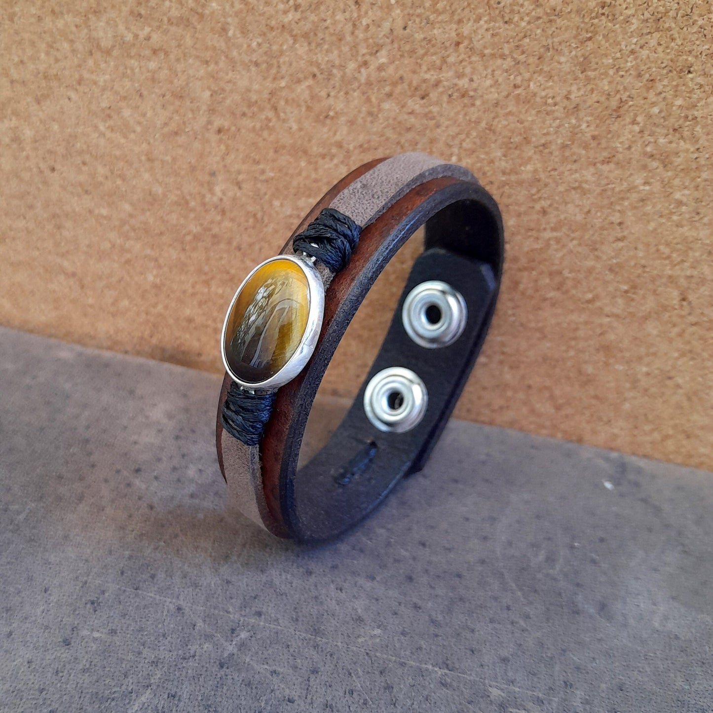 Bracelet œil de tigre naturel, argent sterling