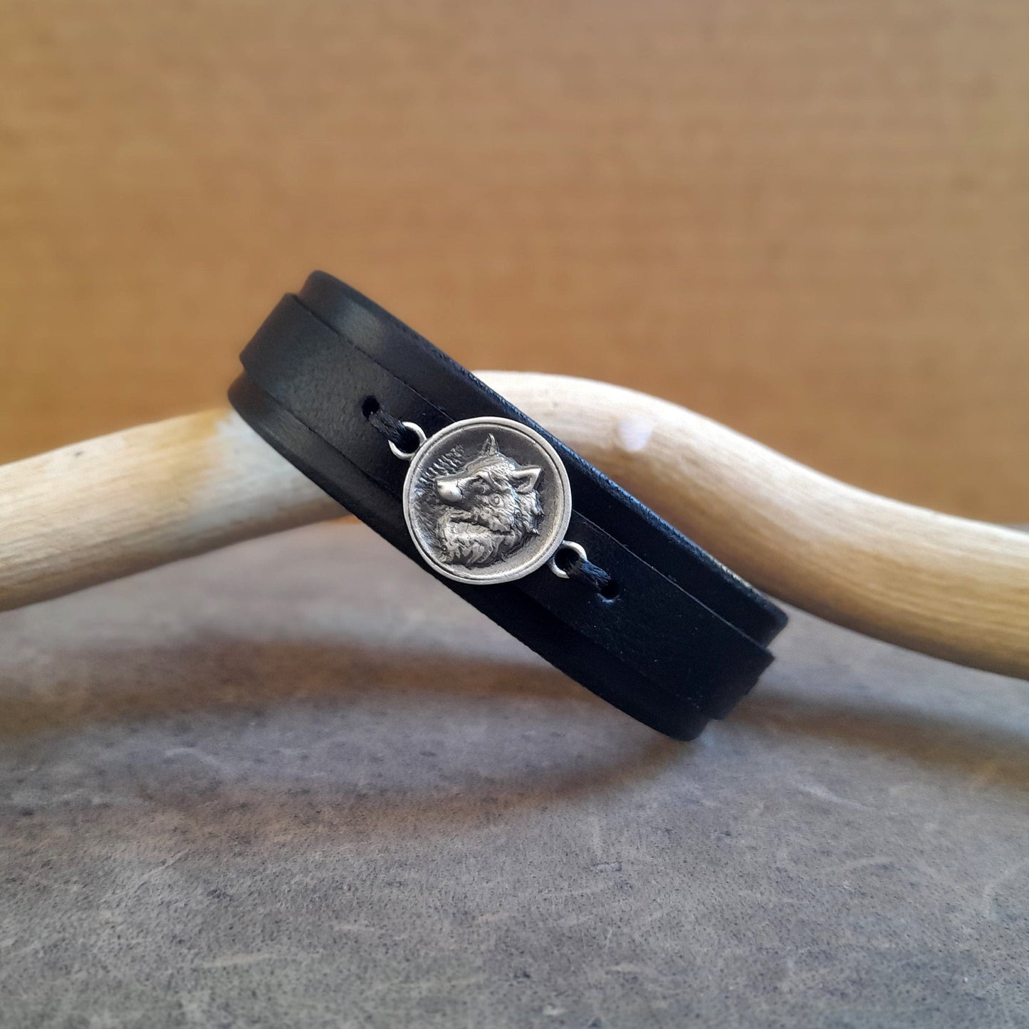 Silver 925 Nordic Wolf Black Leather Bracelet
