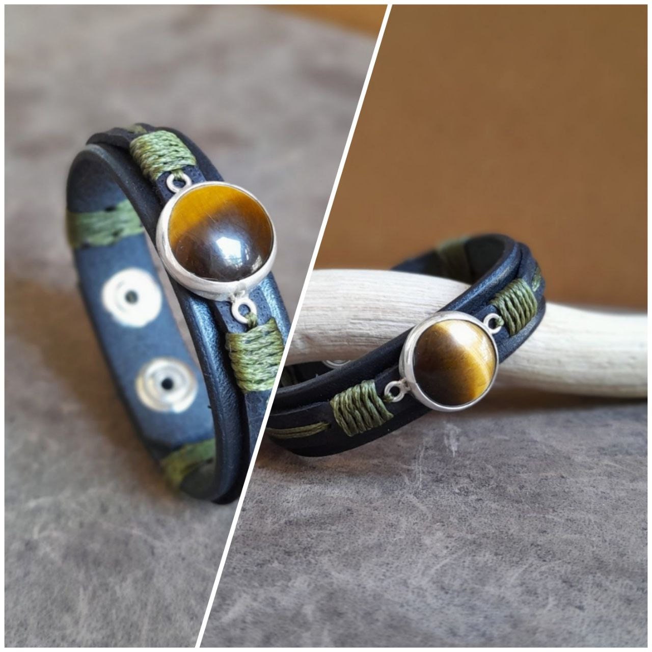 Bracelet en cuir noir œil de tigre naturel, argent 925