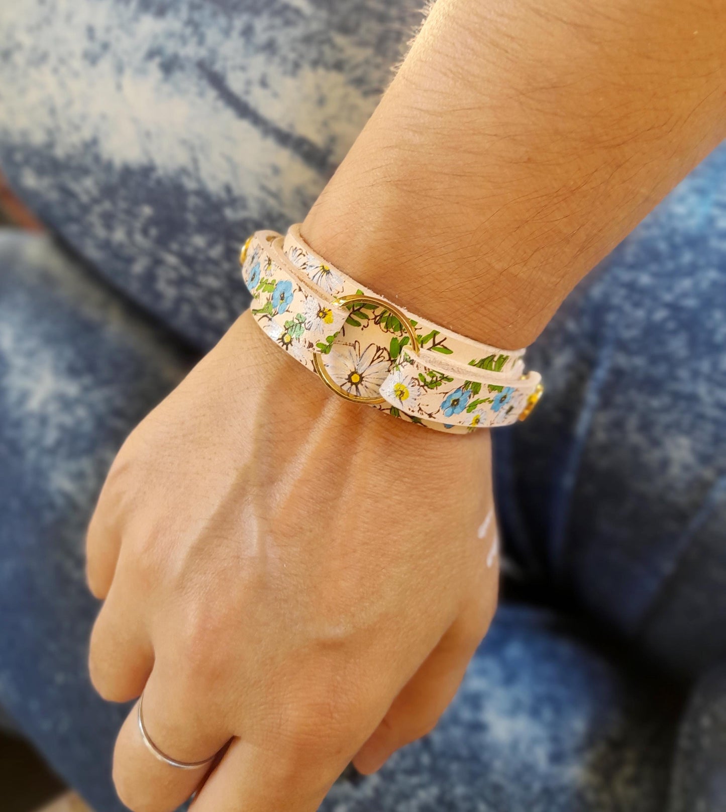 Hand Painted Floral Leather Bracelet for Wedding Ring