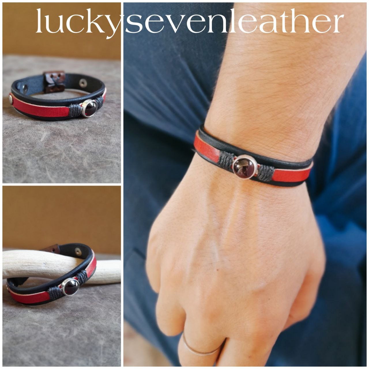 Bracelet minimaliste en cuir et grenat naturel, argent 925