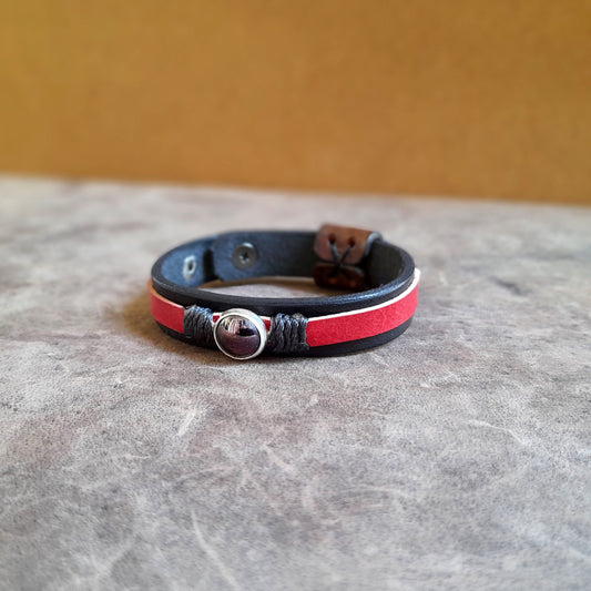Natural Garnet Minimalist Leather Bracelet, Silver 925