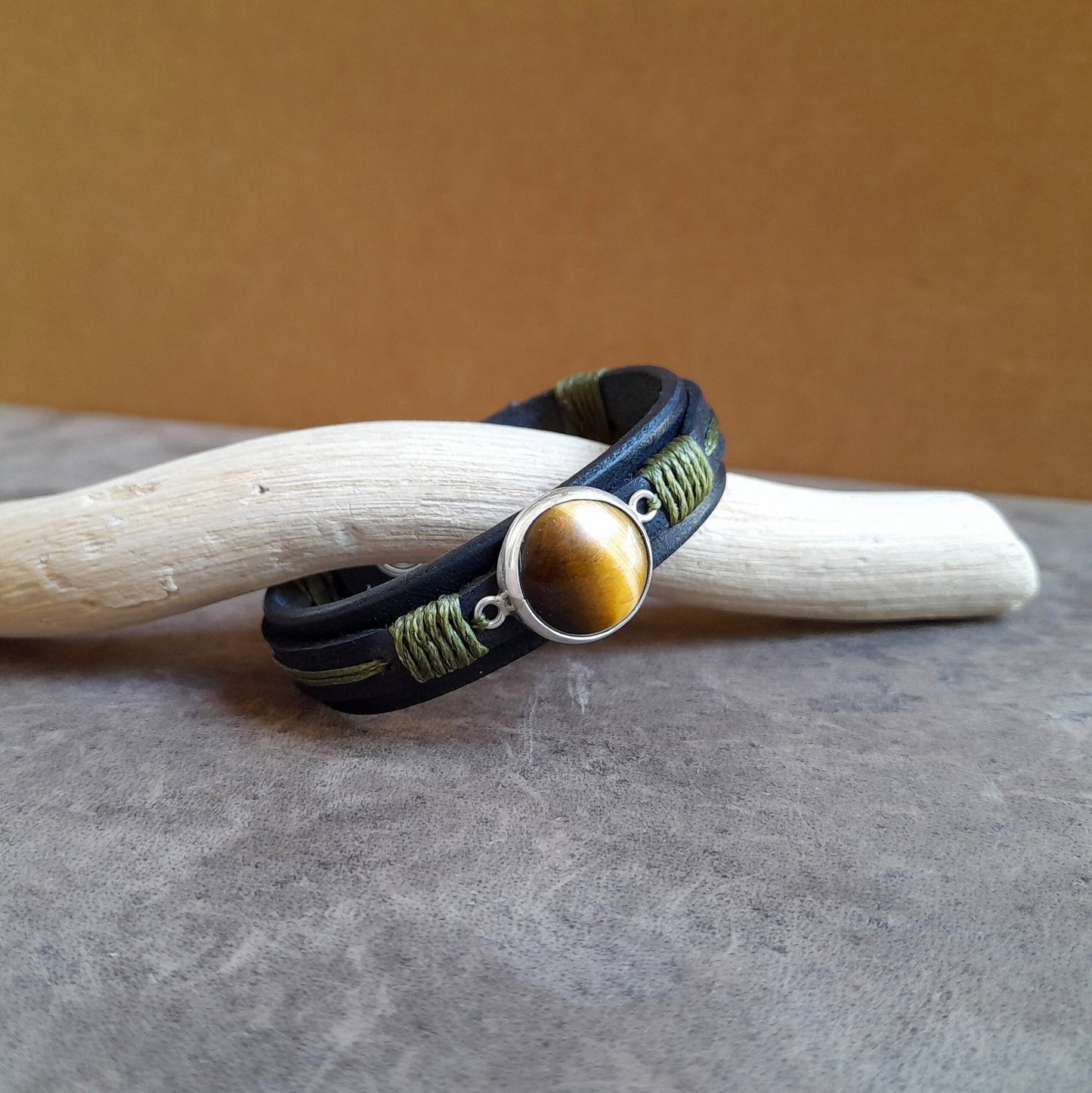 Bracelet en cuir noir œil de tigre naturel, argent 925