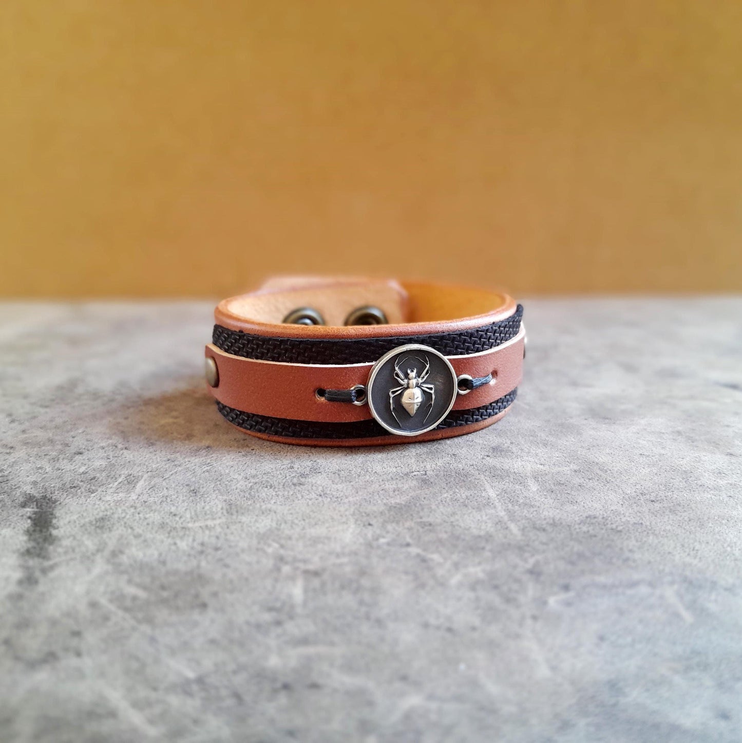 Crossed Spider Leather Cuff Bracelet