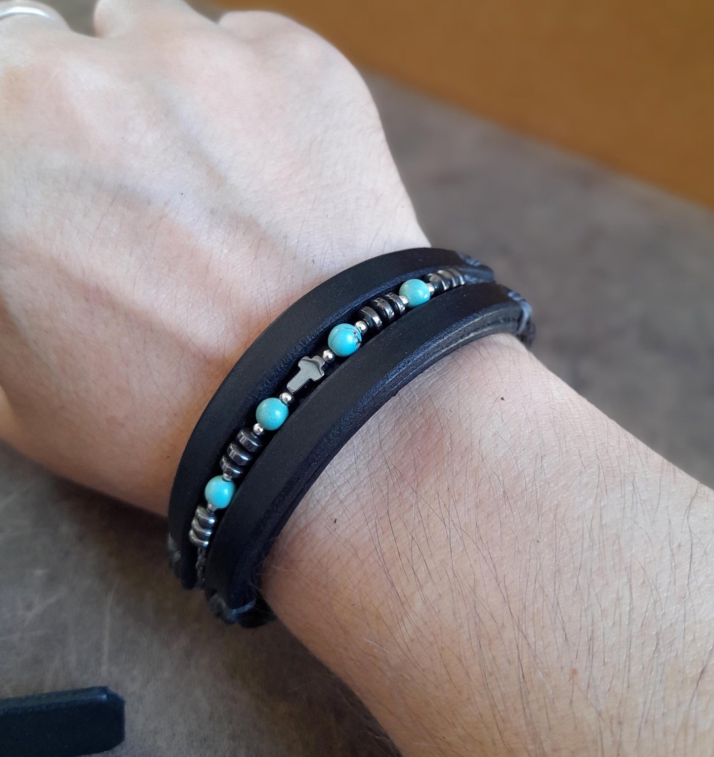 All Black Leather Bracelet for Men with Hematite and Natural Turquoise Beads