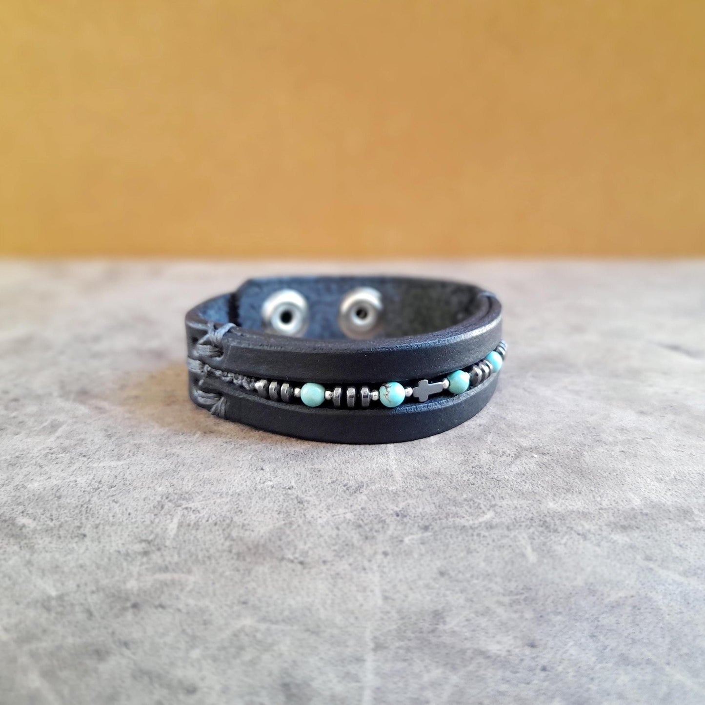 All Black Leather Bracelet for Men with Hematite and Natural Turquoise Beads