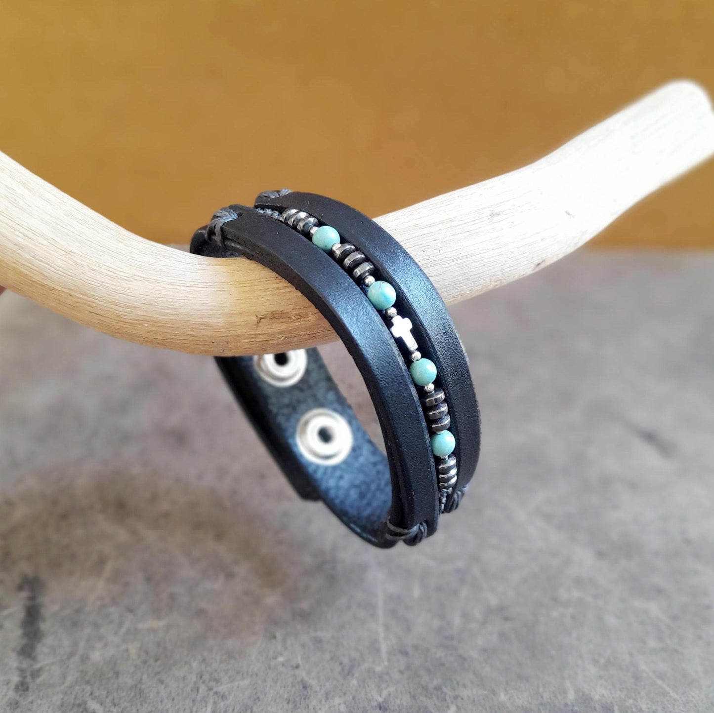 All Black Leather Bracelet for Men with Hematite and Natural Turquoise Beads