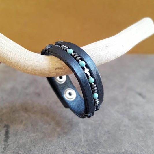 All Black Leather Bracelet for Men with Hematite and Natural Turquoise Beads