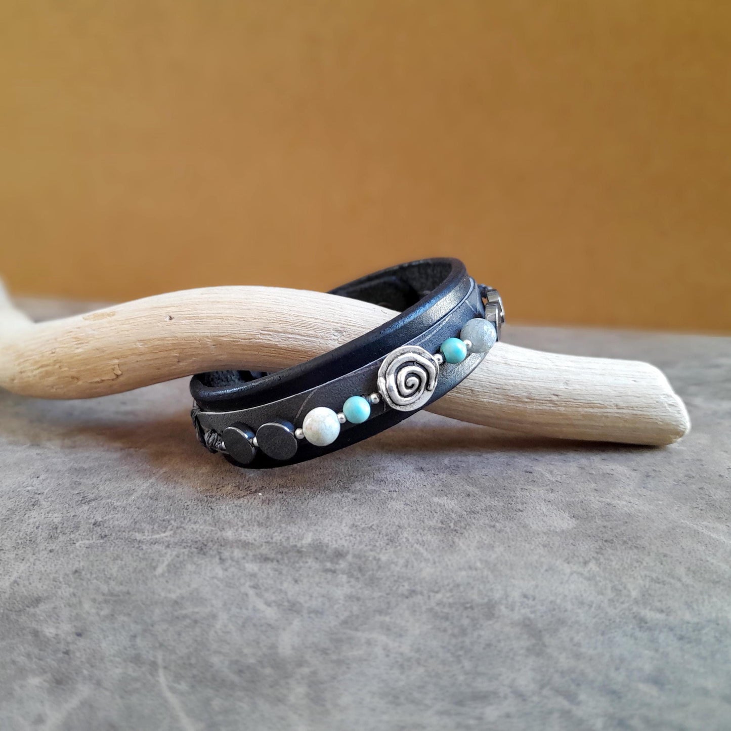 Unisex Black Leather Bracelet with Silver Spiral and Hematite