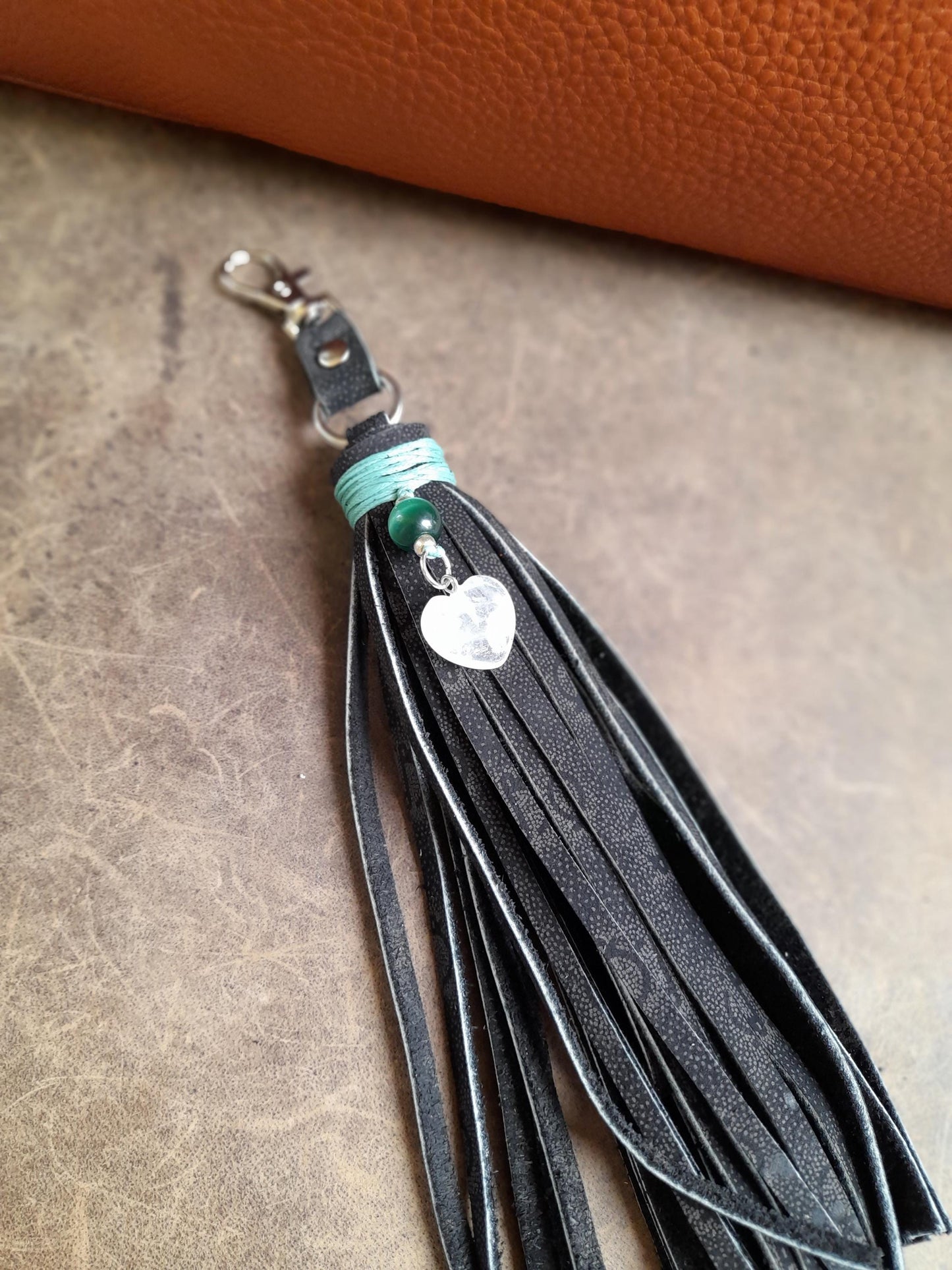 Black Leather Tassel Bag Charm | Moonstone Heart Pendant