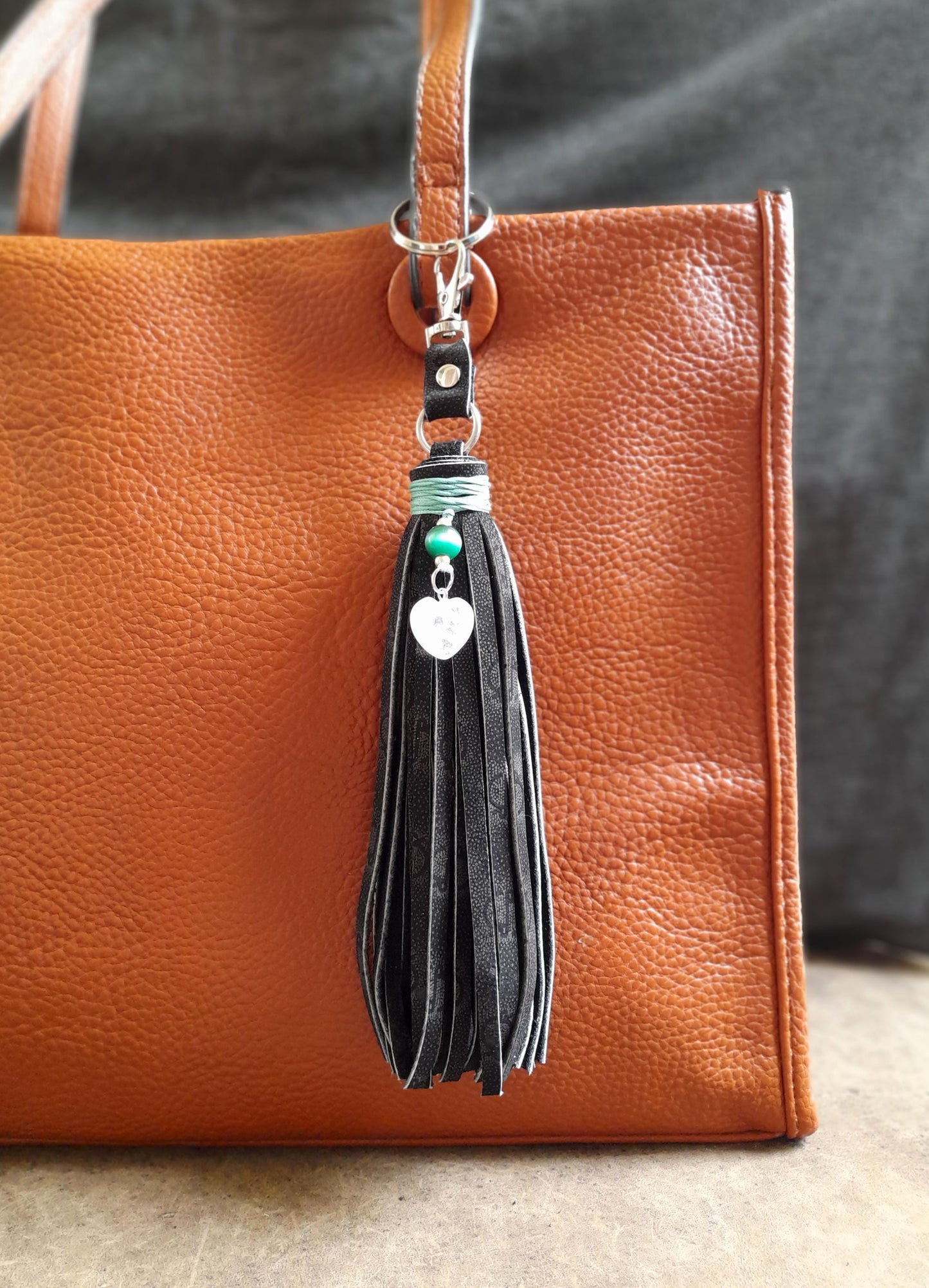 Black Leather Tassel Bag Charm | Moonstone Heart Pendant