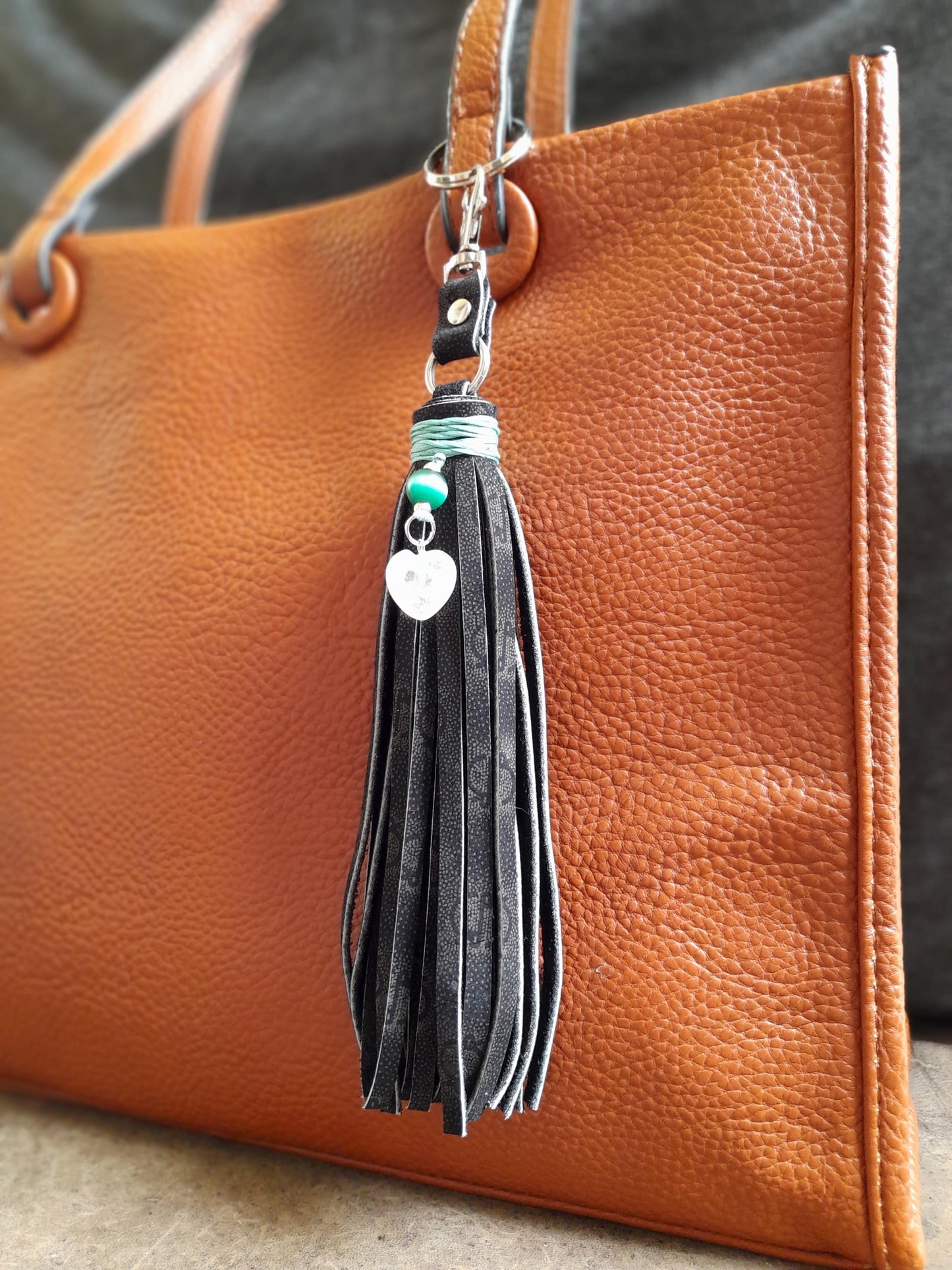 Black Leather Tassel Bag Charm | Moonstone Heart Pendant