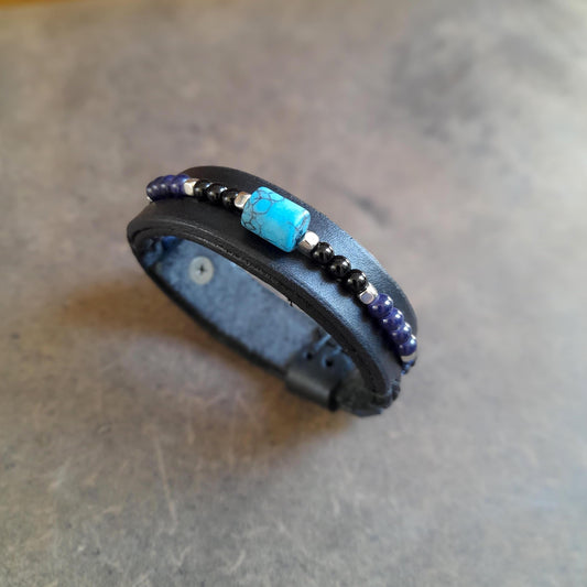 All Black Leather Bracelet for Men with Semi Precious Beads