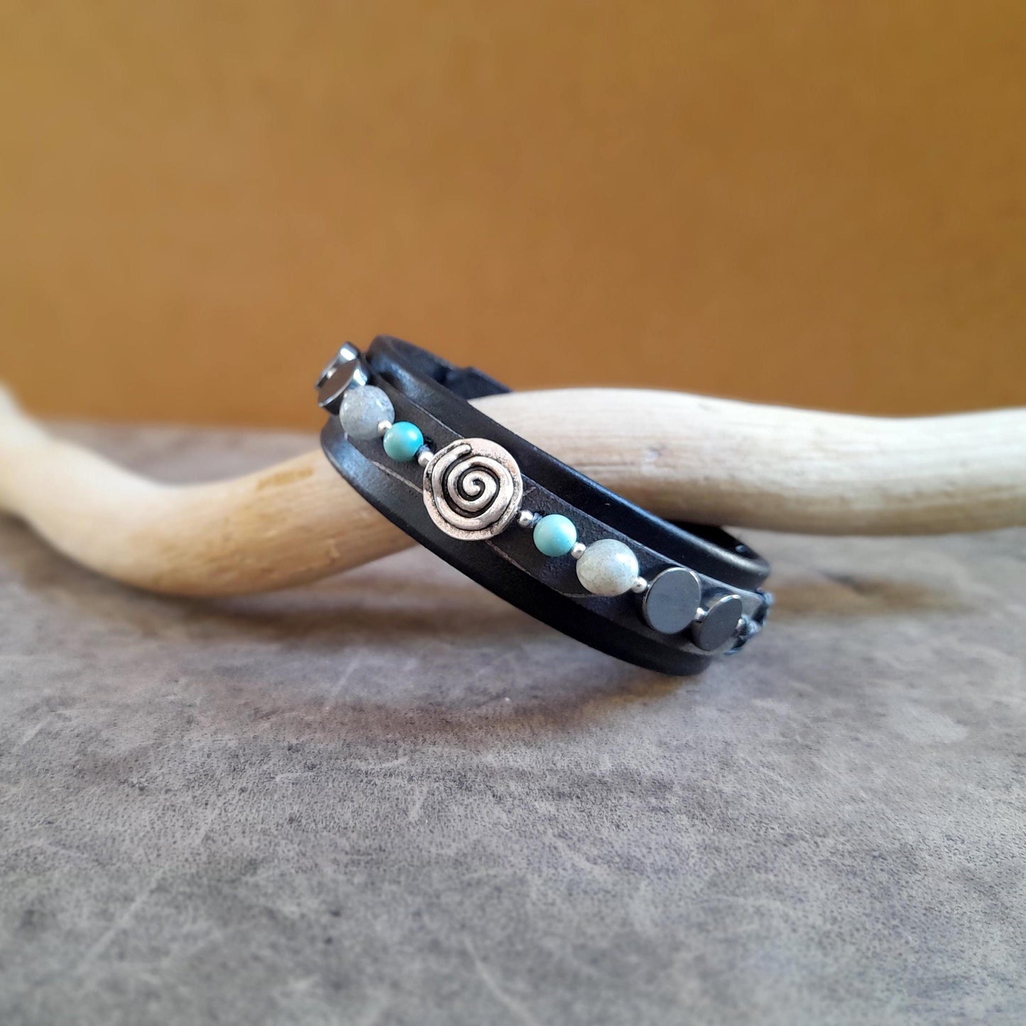 Unisex Black Leather Bracelet with Silver Spiral and Hematite